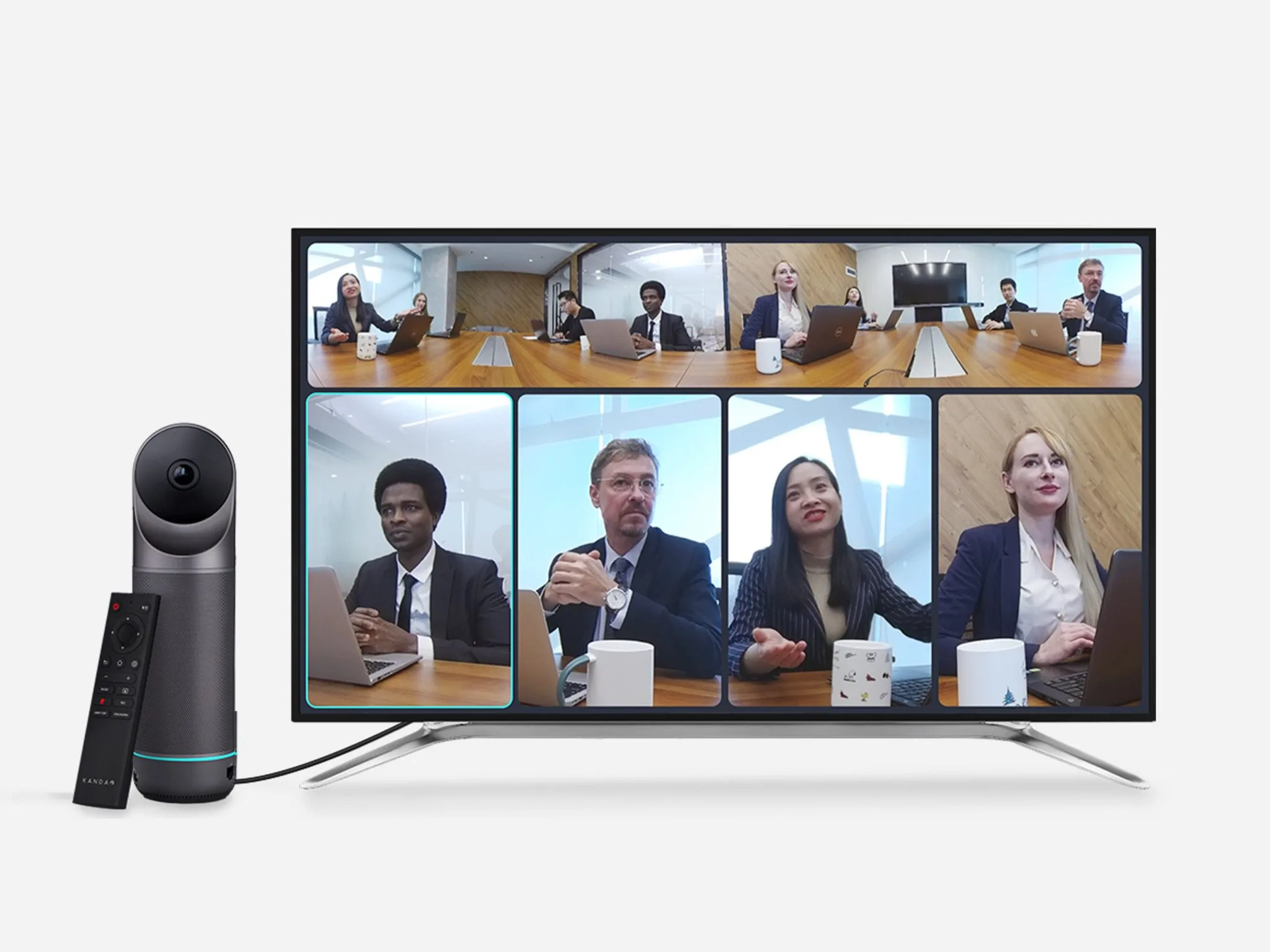 Meeting Pro 360 with remote, TV showing the multi-view grid