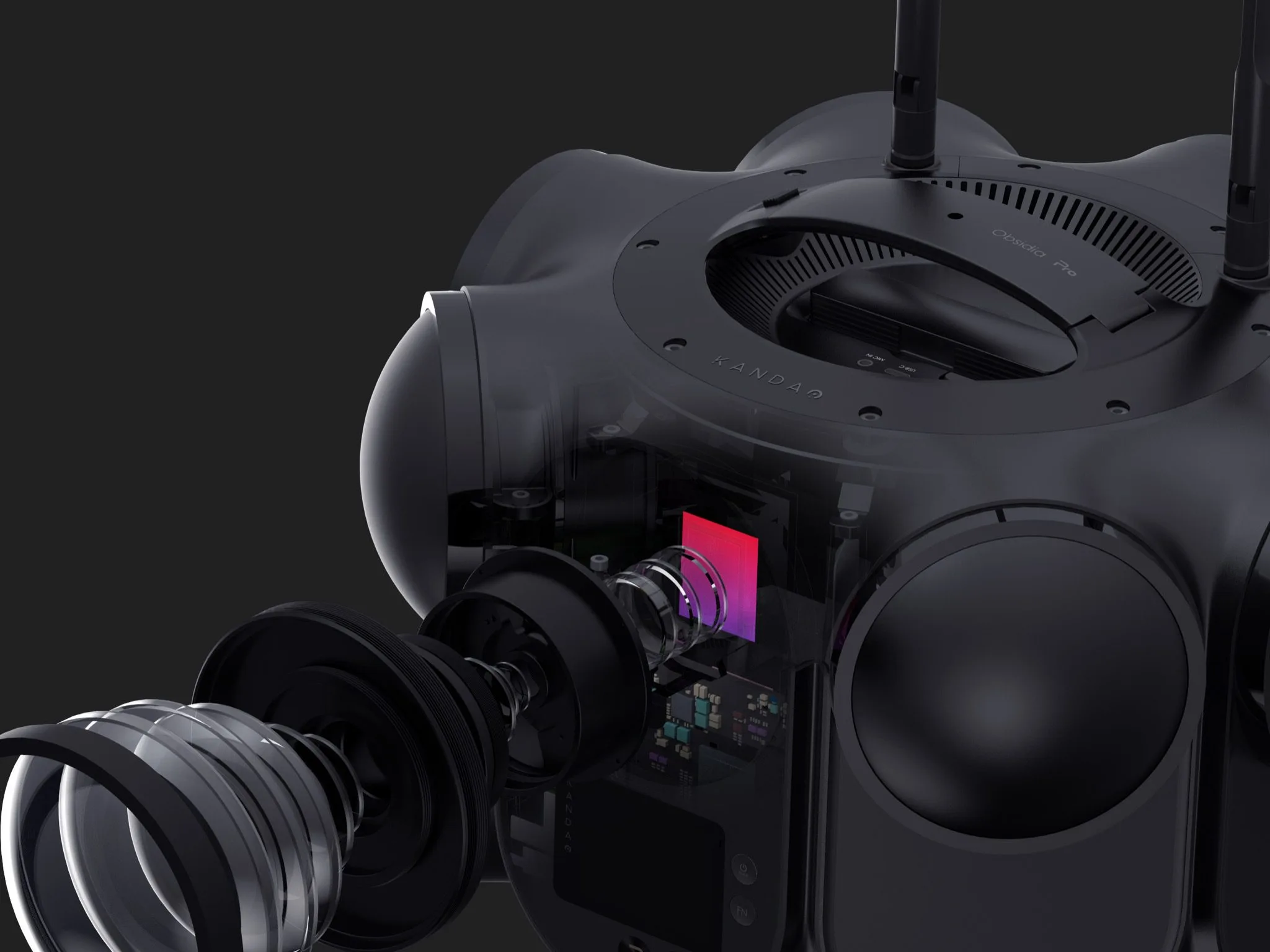 Obsidian Pro, exploded lens and APS-C sensor detail