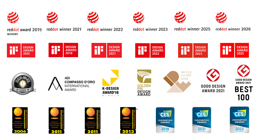 Awards: Red Dot, iF, Edison, ADI Compasso d'Oro, K-Design, Golden Pin, Good Design, CES Innovation